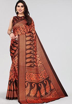 Brown Printed Khadi Silk Saree Set