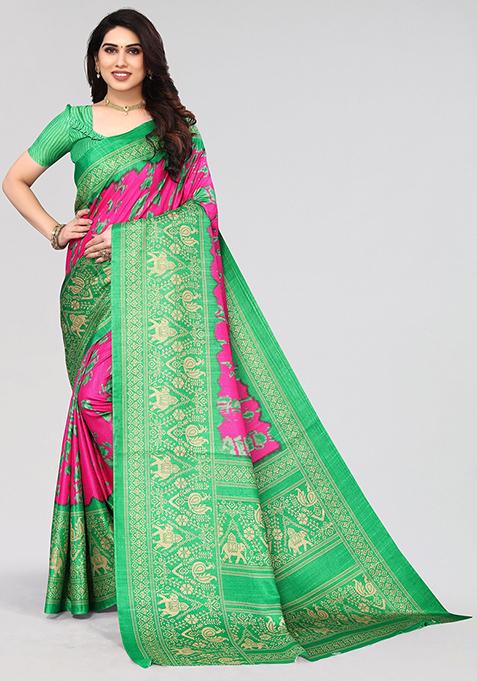 Pink Printed Khadi Silk Saree Set