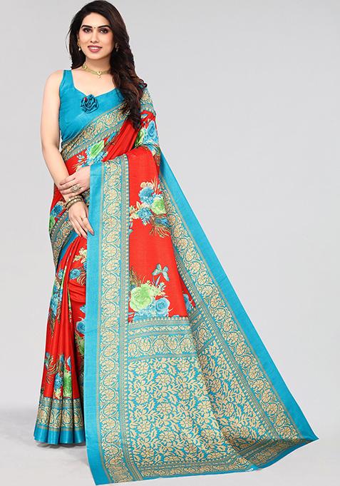 Red Printed Khadi Silk Saree Set