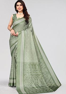 Pista Green Printed Khadi Silk Saree Set