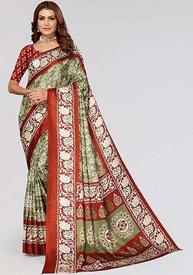 Rust Printed Khadi Silk Saree Set