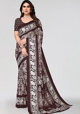 Brown Printed Khadi Silk Saree Set