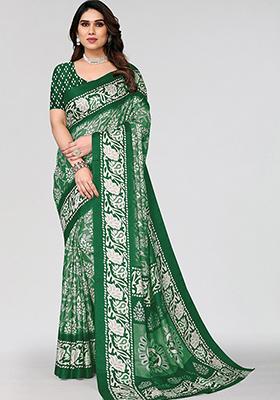 Bottle Green Printed Khadi Silk Saree Set