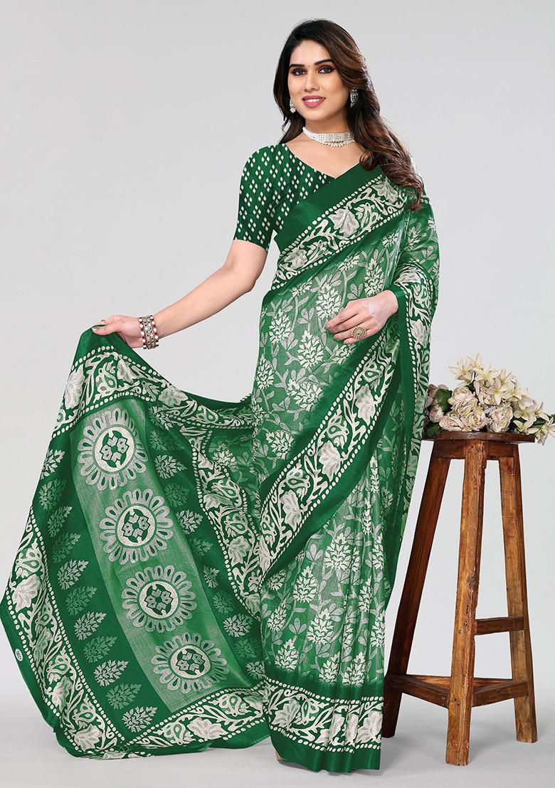 Bottle Green Printed Khadi Silk Saree Set - Indya