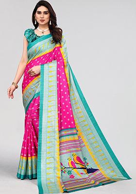 Pink Printed Khadi Silk Saree Set
