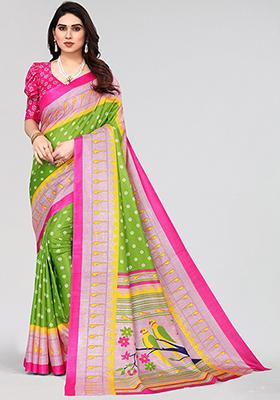 Parrot Green Printed Khadi Silk Saree Set