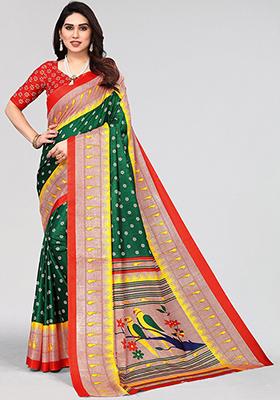 Green Printed Khadi Silk Saree Set