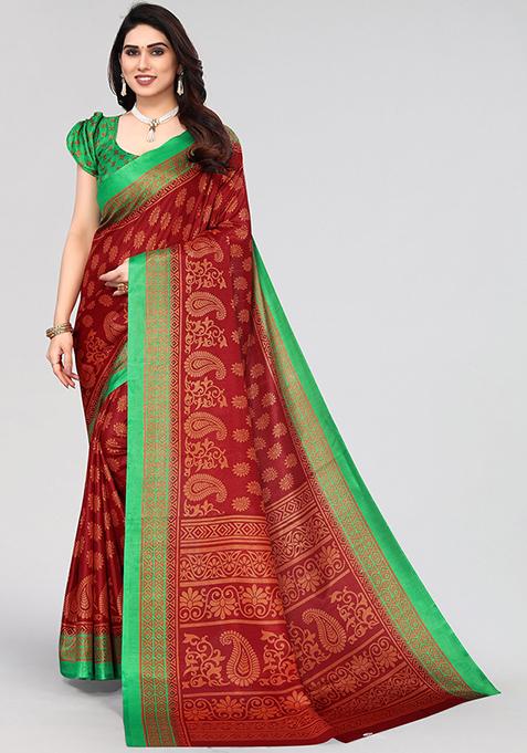 Maroon Printed Khadi Silk Saree Set