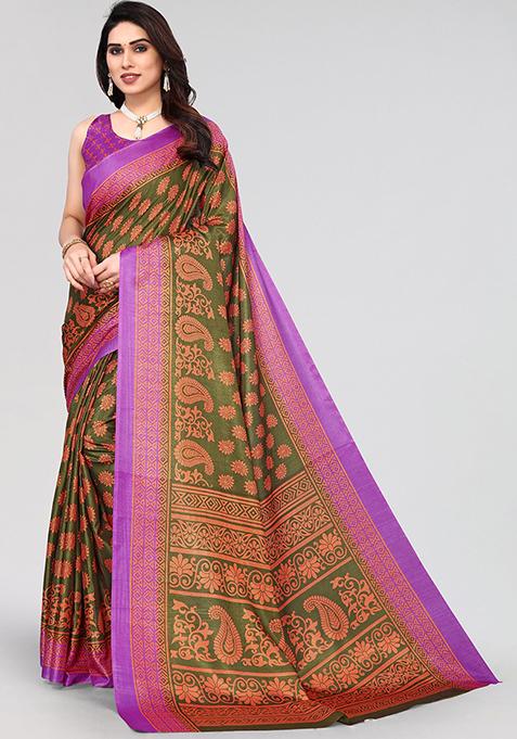 Mehendi Printed Khadi Silk Saree Set