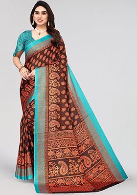 Brown Printed Khadi Silk Saree Set