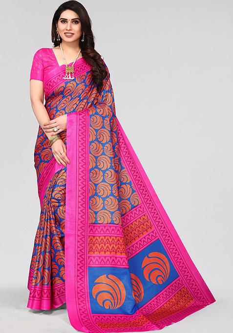 Royal Blue Printed Khadi Silk Saree Set