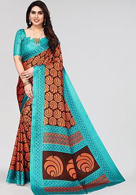 Brown Printed Khadi Silk Saree Set