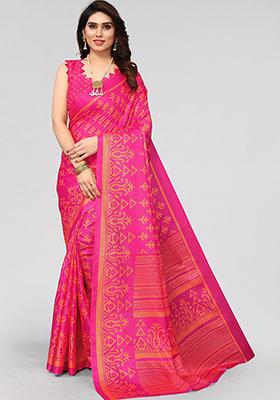 Pink Printed Khadi Silk Saree Set