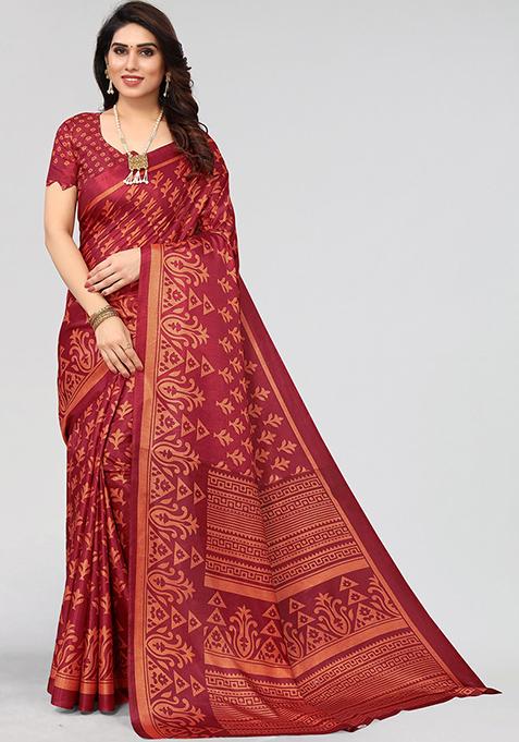 Maroon Printed Khadi Silk Saree Set