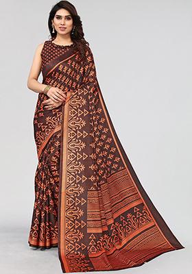 Brown Printed Khadi Silk Saree Set