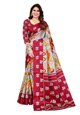 Grey Printed Khadi Silk Saree Set