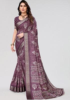 Magenta Printed Dhola Silk Saree Set