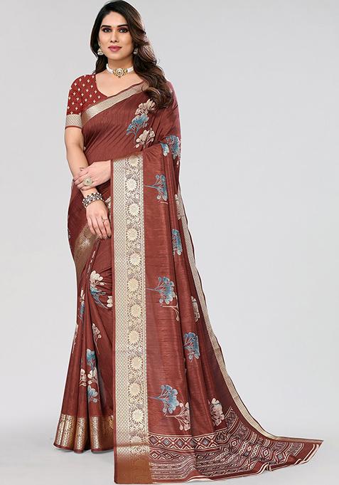 Rust Brown Printed Dhola Silk Saree Set