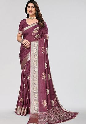 Magenta Printed Dhola Silk Saree Set