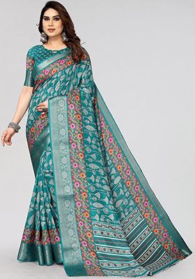 Rama Green Printed Dhola Silk Saree Set