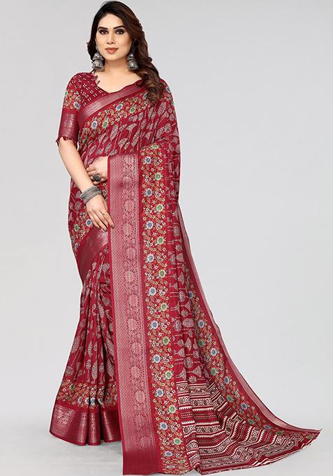 Maroon Printed Dhola Silk Saree Set