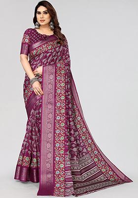 Magenta Printed Dhola Silk Saree Set