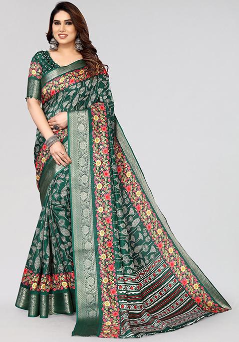 Green Printed Dhola Silk Saree Set