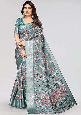 Rama Green Printed Dhola Silk Saree Set