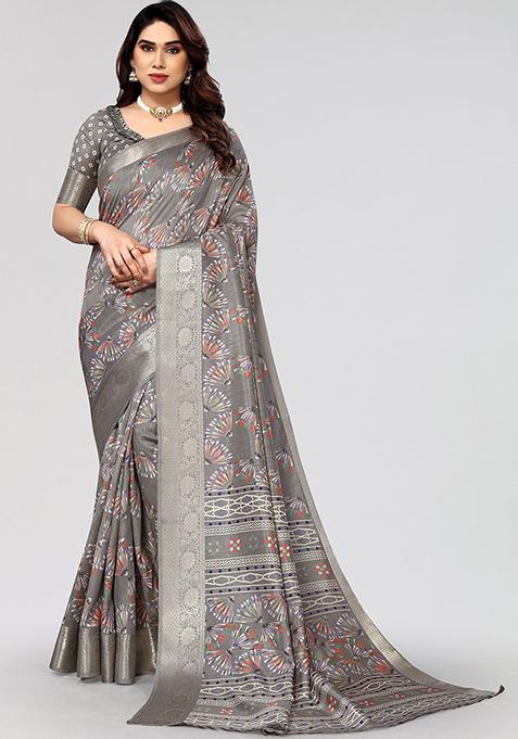 Grey Printed Dhola Silk Saree Set