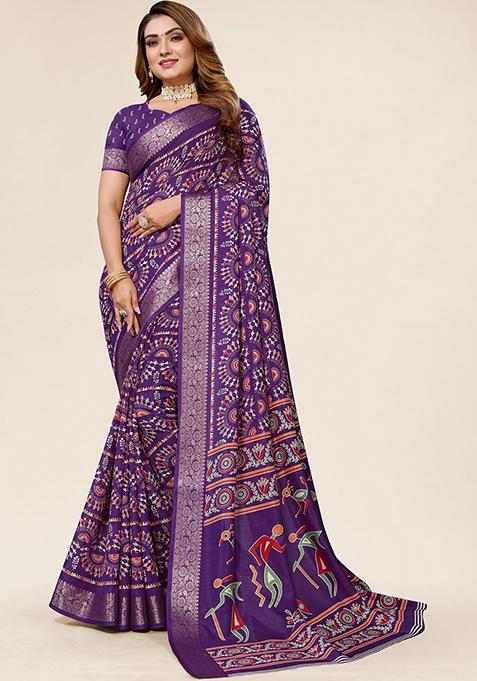 Purple Printed Dhola Silk Saree Set