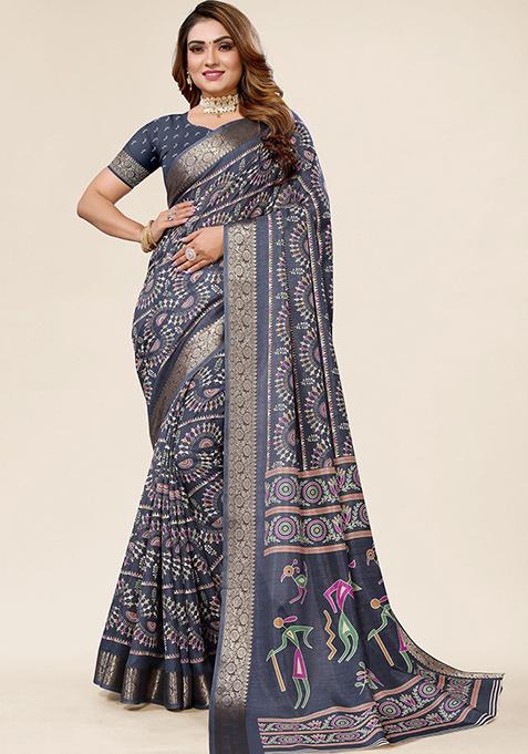 Grey Printed Dhola Silk Saree Set