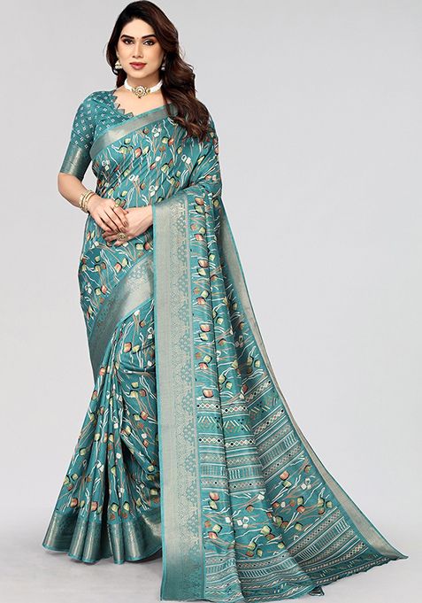 Rama Green Printed Dhola Silk Saree Set