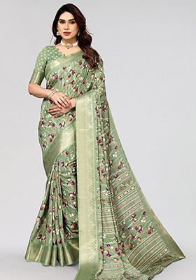 Pista Green Printed Dhola Silk Saree Set