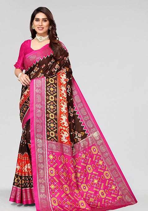 Brown Printed Dhola Silk Saree Set