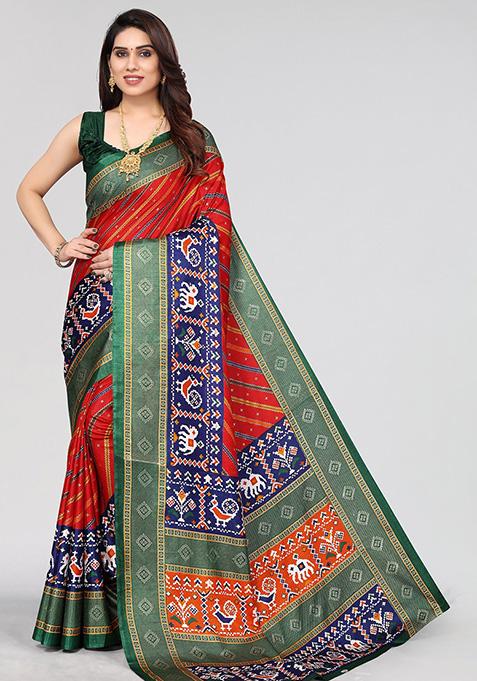 Red Printed Dhola Silk Saree Set