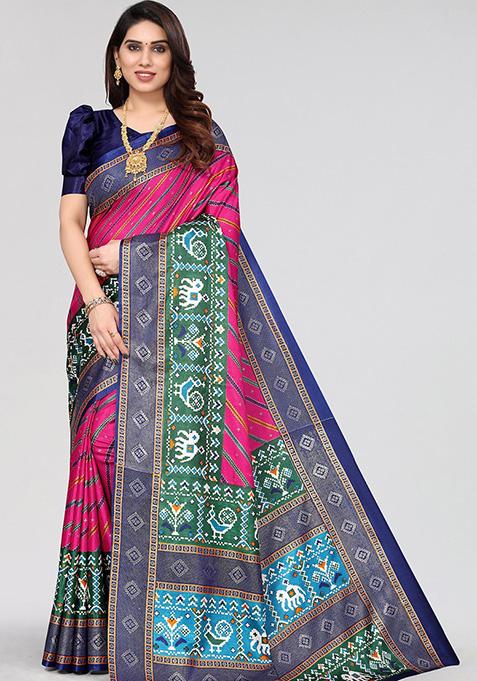 Pink Printed Dhola Silk Saree Set