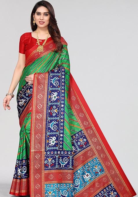 Parrot Green Printed Dhola Silk Saree Set