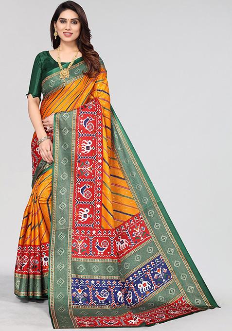 Mustard Printed Dhola Silk Saree Set