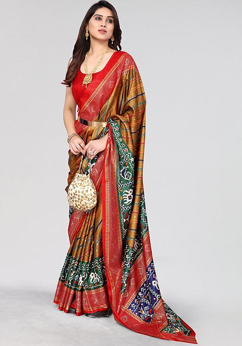 Mustard Printed Dhola Silk Saree Set