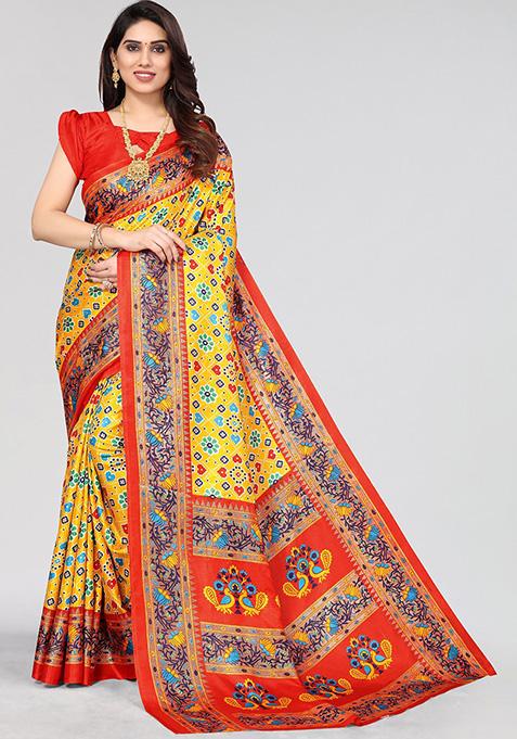 Yellow Printed Dhola Silk Saree Set