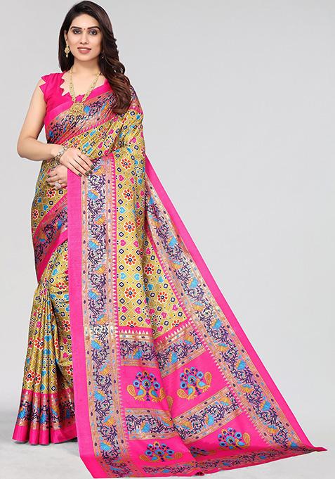 Mehendi Printed Dhola Silk Saree Set