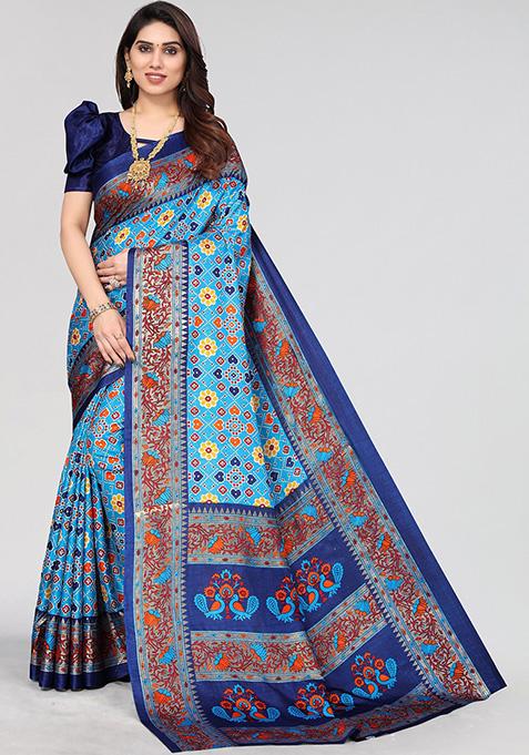 Firozi Printed Dhola Silk Saree Set