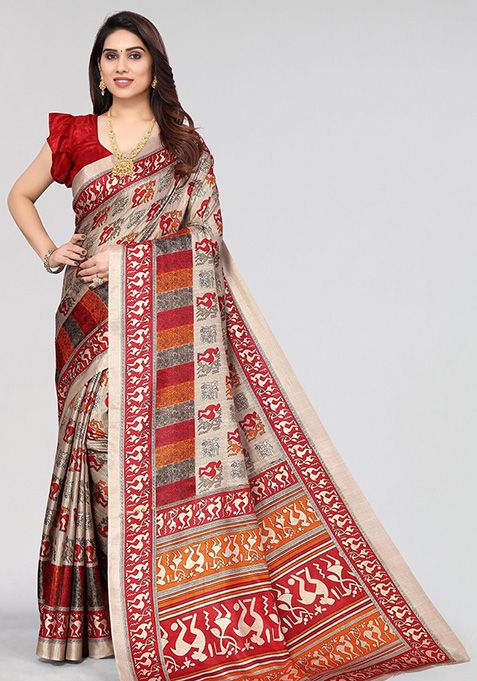 Maroon Printed Dhola Silk Saree Set