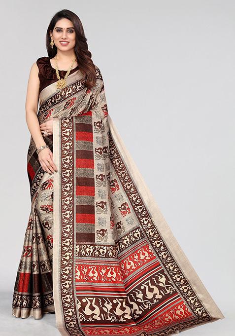 Brown Printed Dhola Silk Saree Set