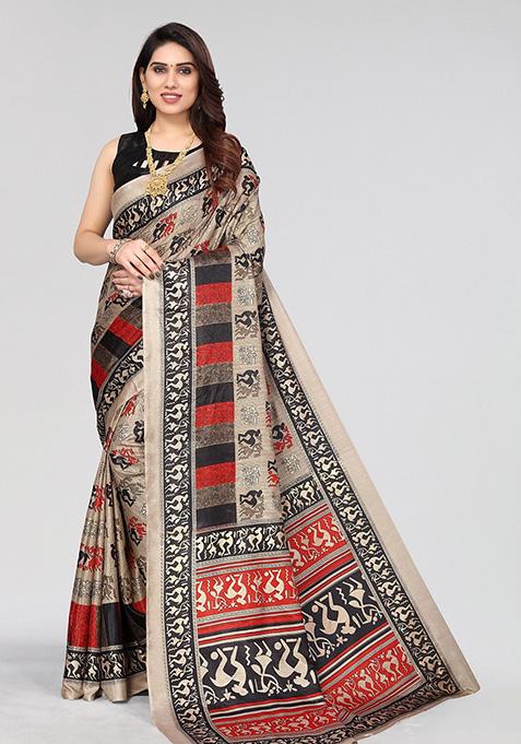 Black Printed Dhola Silk Saree Set