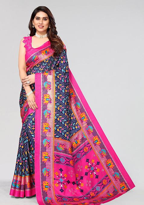 Navy Blue Printed Dhola Silk Saree Set