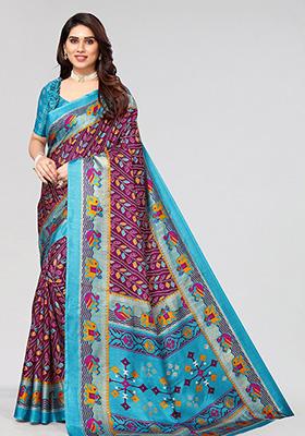 Magenta Printed Dhola Silk Saree Set