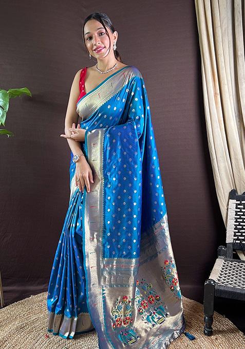 Sky Blue Woven Paithani Silk Saree Set