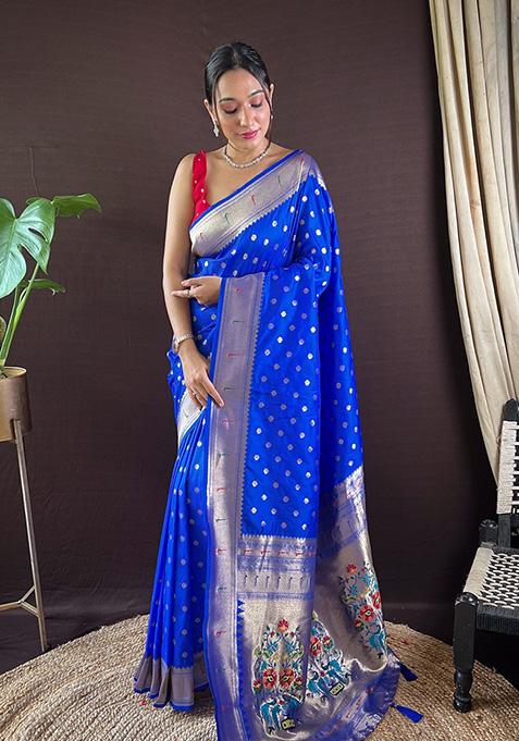 Blue Woven Paithani Silk Saree Set