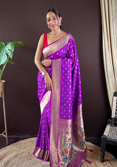 Purple Woven Paithani Silk Saree Set